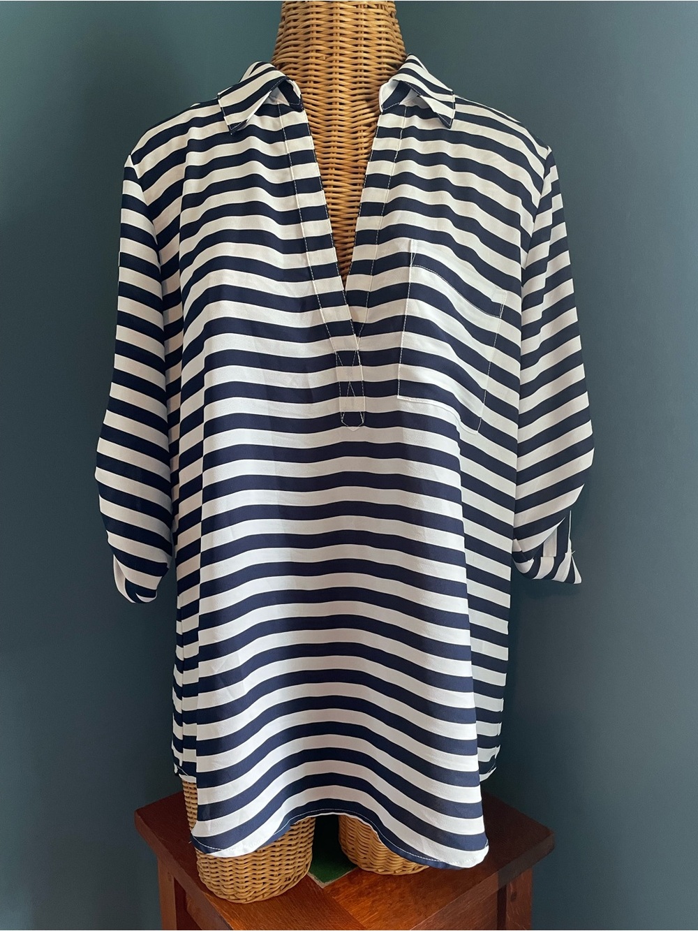 Navy & White Striped V-Neck Pullover Tunic Convertible Sleeves Size Large